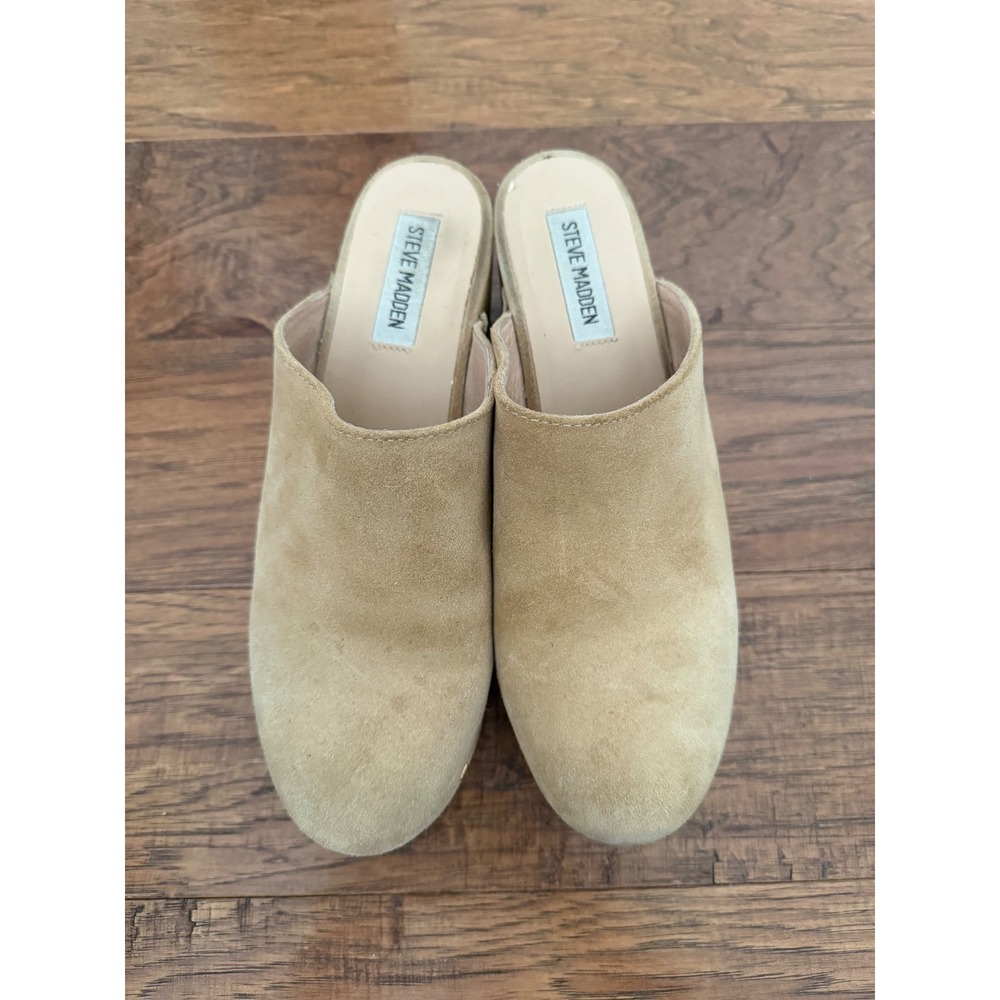 Steve Madden Tan Suede Studded Wooden Platform Clogs Mules Womens 9 Retro Boho - Picture 4 of 6